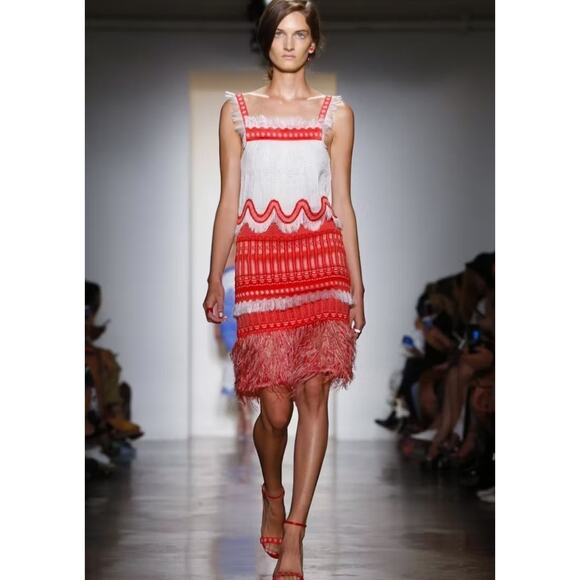 NWT $1500 Rare Runway Jonathan Simkhai Scaffold Fringe Midi Dress Red White Sz 0 - Picture 1 of 12